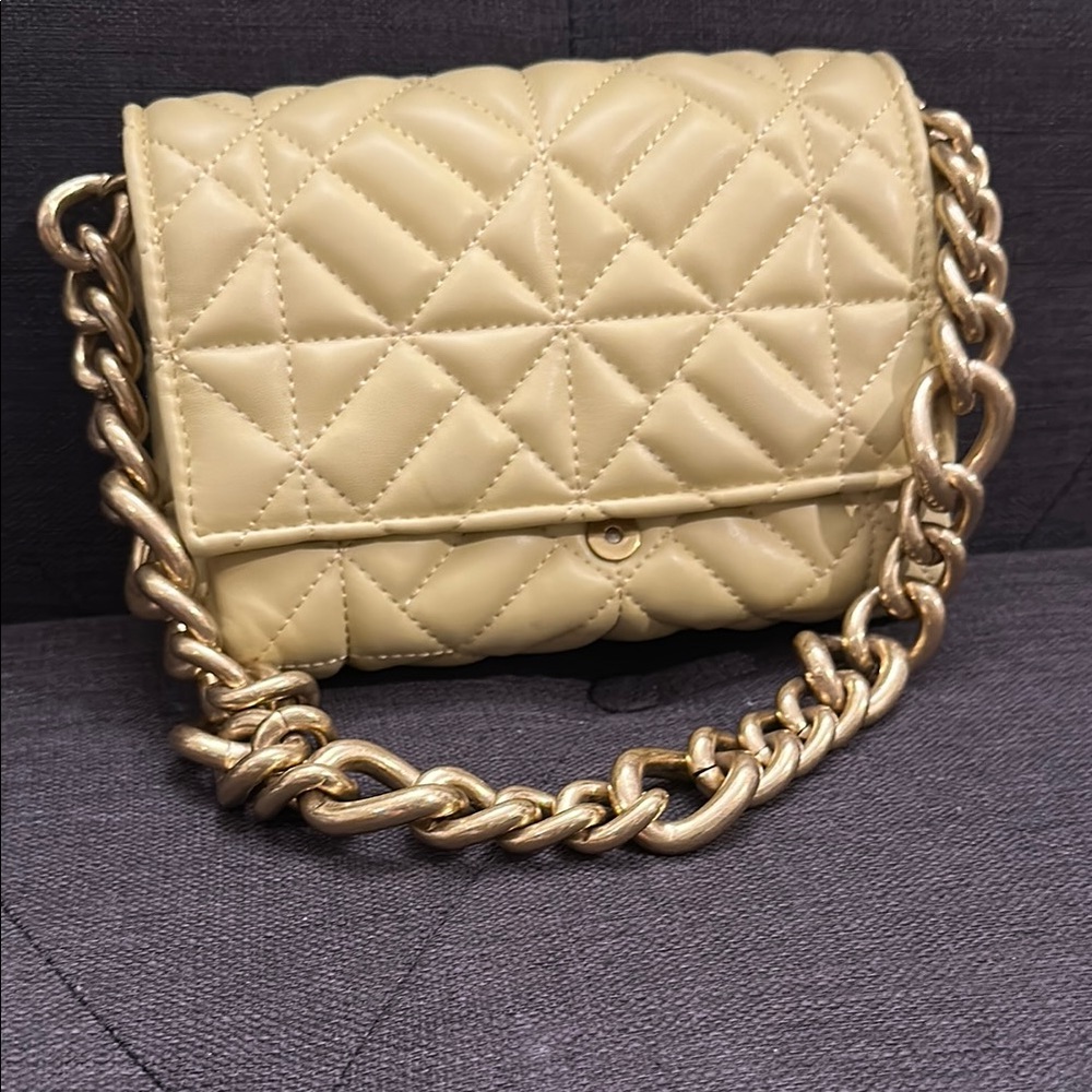 Zara Cream and Gold Quilted Crossbody Bag with Chain Strap